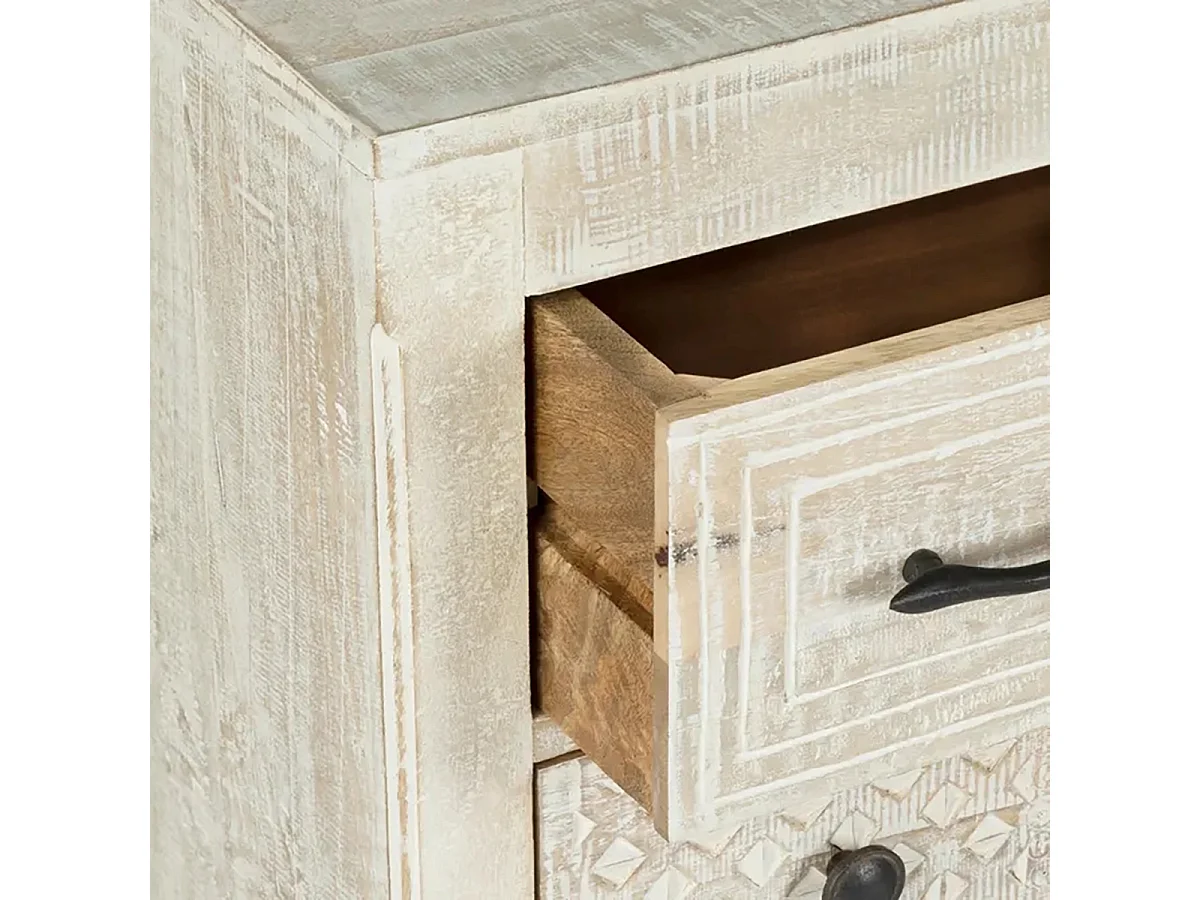 Commode meuble multi-rangements à 12 tiroirs en bois beige blanchi et motifs sculptés - longueur 127 cm x largeur 40 cm x hauteur 94 cm