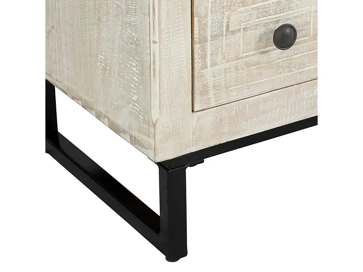 Commode meuble multi-rangements à 12 tiroirs en bois beige blanchi et motifs sculptés - longueur 127 cm x largeur 40 cm x hauteur 94 cm