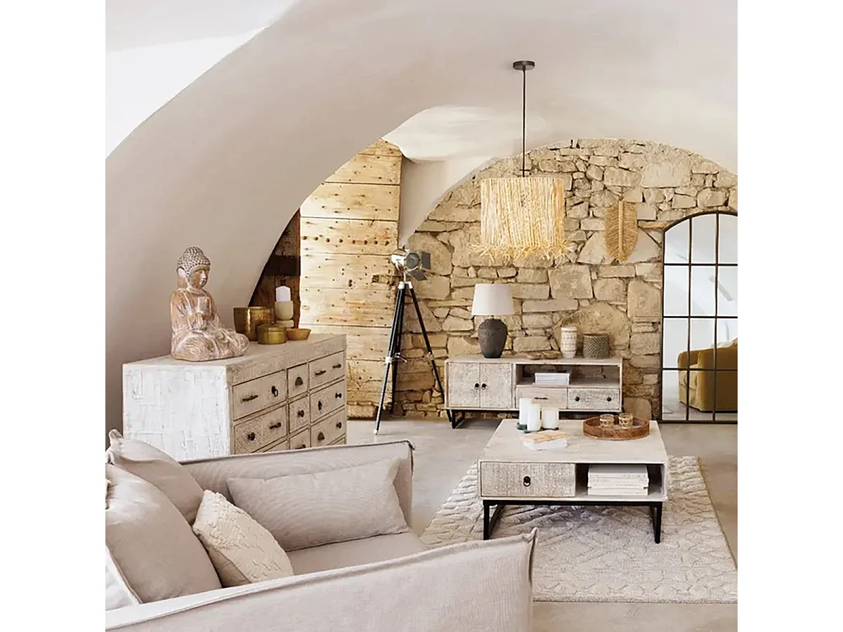 Commode meuble multi-rangements à 12 tiroirs en bois beige blanchi et motifs sculptés - longueur 127 cm x largeur 40 cm x hauteur 94 cm