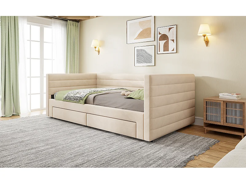 Eenpersoons slaapbank 90x190 cm, om te bouwen tot 180x190 cm, met 2 lades - Beige katoen en linnen