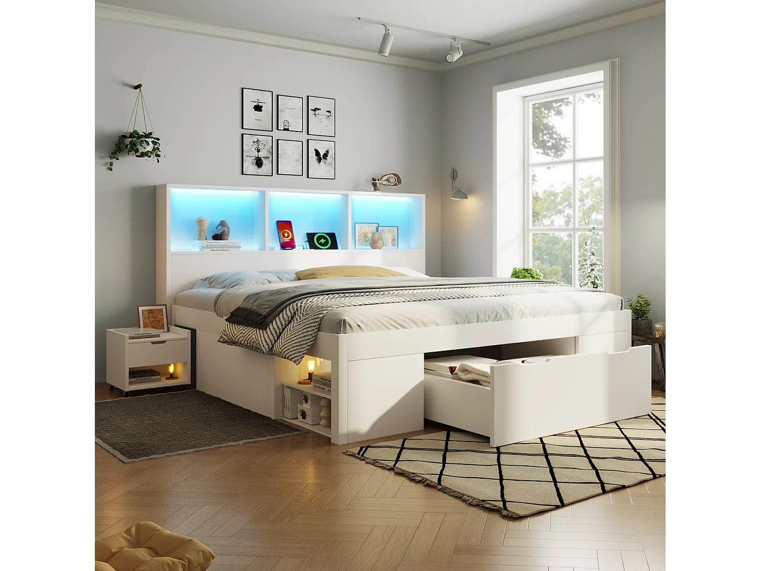 Lit adulte140x190 cm avec LED, ports USB/Type-C, tiroirs et chevets mobile - Blanc