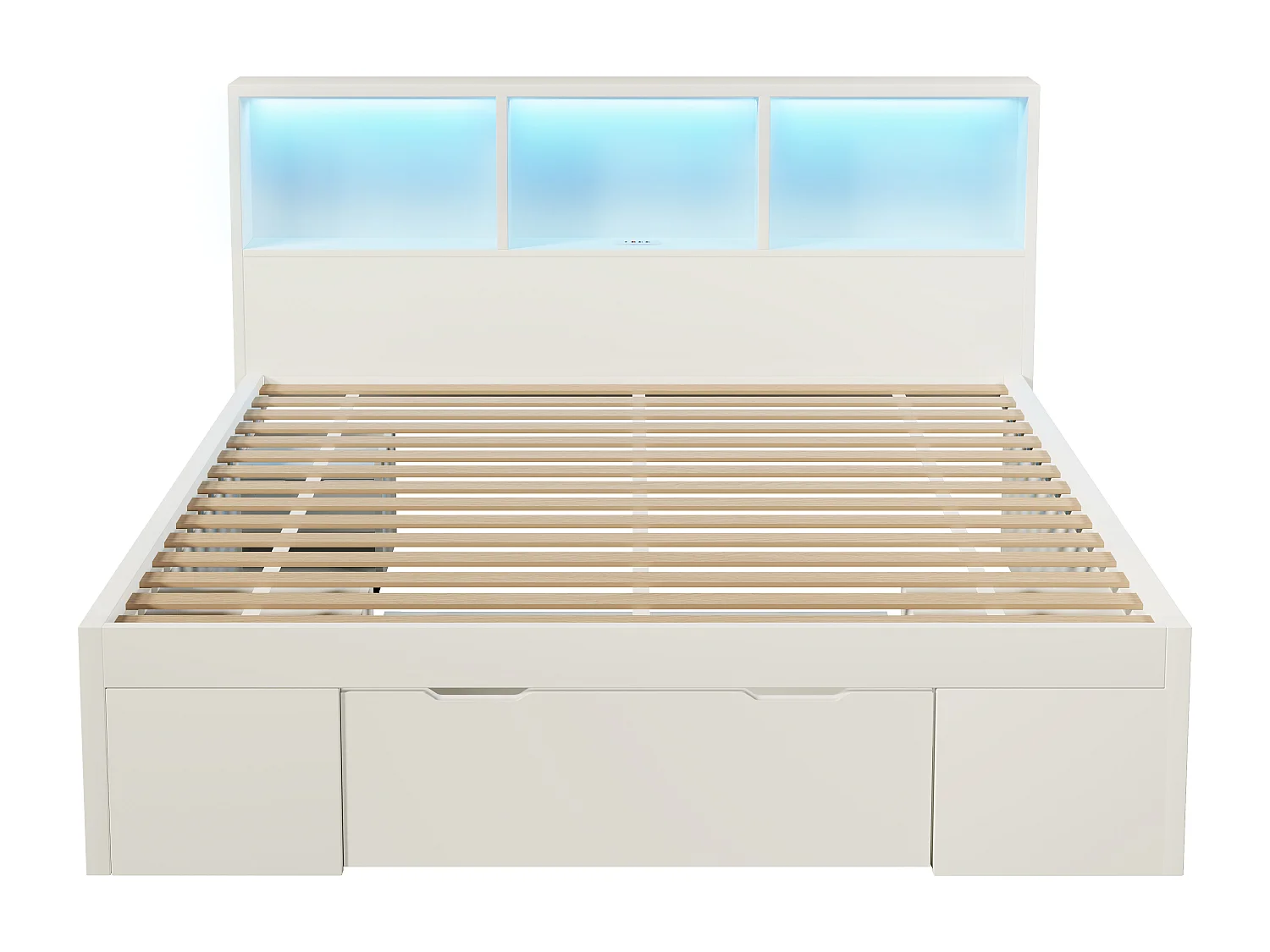 Lit adulte140x190 cm avec LED, ports USB/Type-C, tiroirs et chevets mobile - Blanc