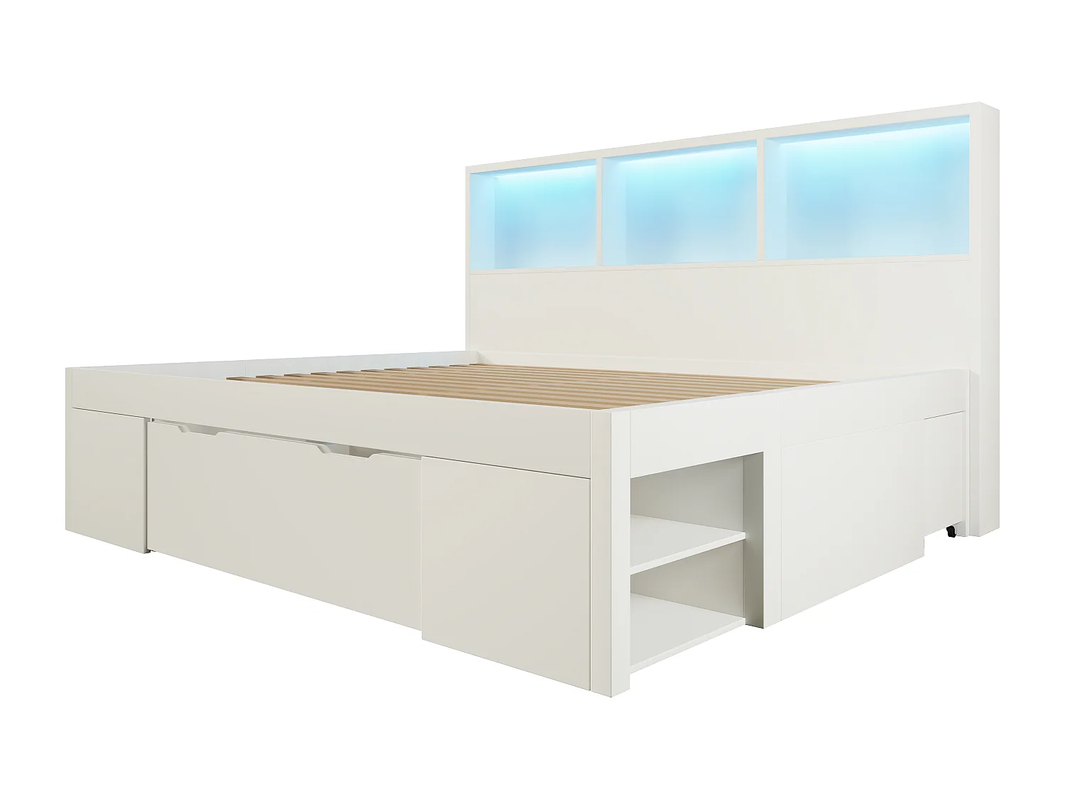 Lit adulte140x190 cm avec LED, ports USB/Type-C, tiroirs et chevets mobile - Blanc
