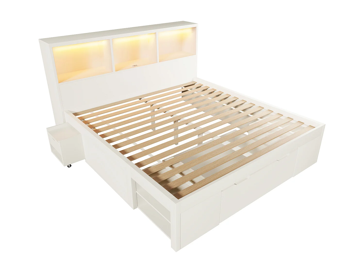 Lit adulte140x190 cm avec LED, ports USB/Type-C, tiroirs et chevets mobile - Blanc