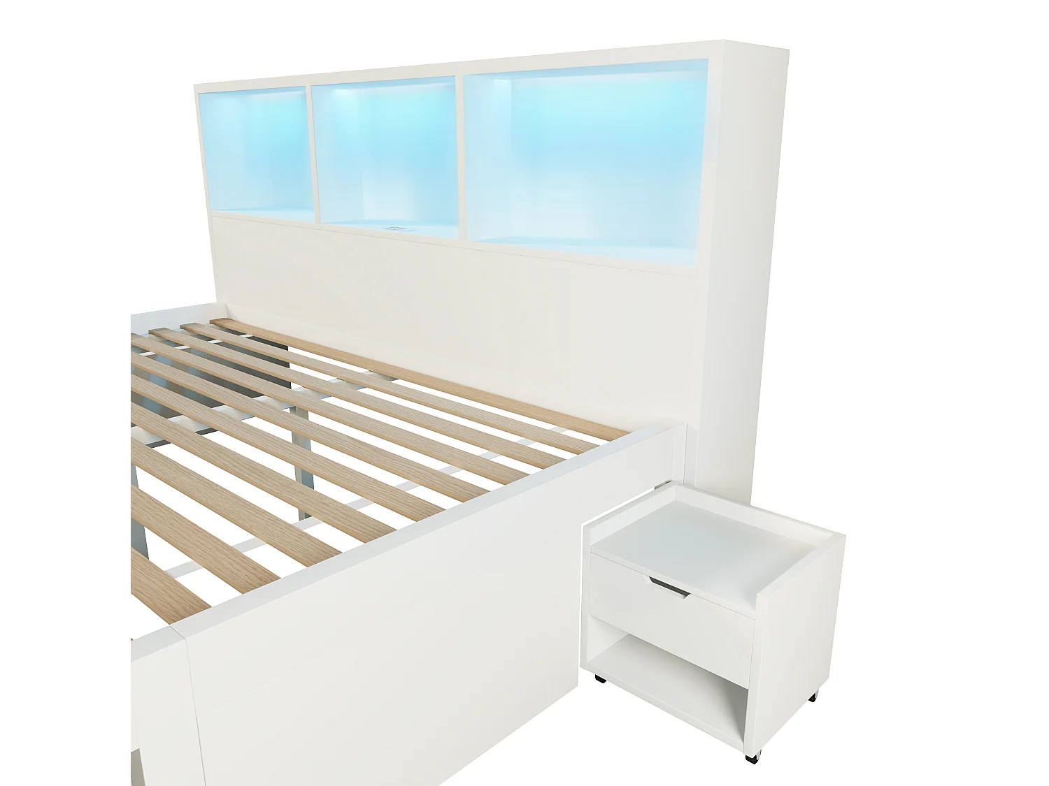 Lit adulte140x190 cm avec LED, ports USB/Type-C, tiroirs et chevets mobile - Blanc