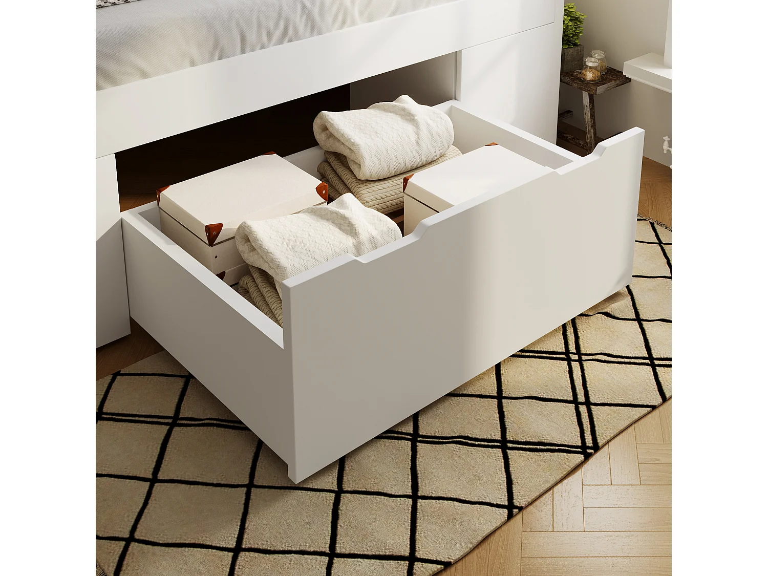 Lit adulte140x190 cm avec LED, ports USB/Type-C, tiroirs et chevets mobile - Blanc