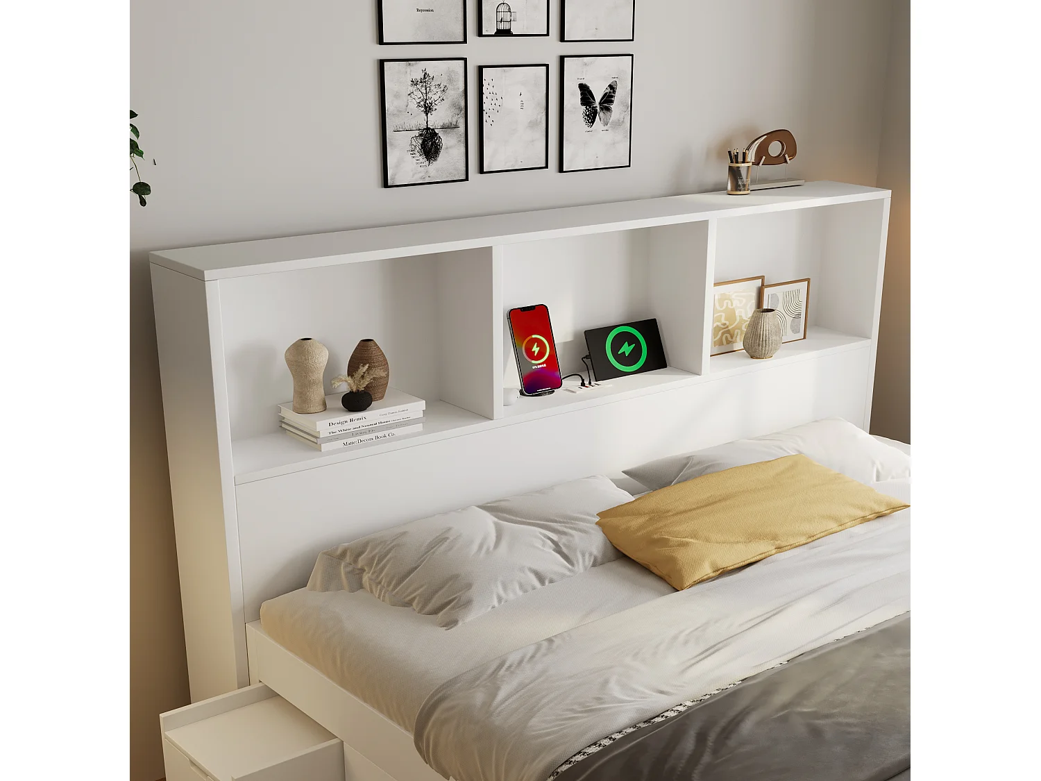 Lit adulte140x190 cm avec LED, ports USB/Type-C, tiroirs et chevets mobile - Blanc