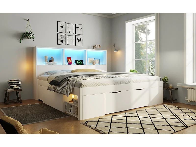 Lit adulte140x190 cm avec LED, ports USB/Type-C, tiroirs et chevets mobile - Blanc