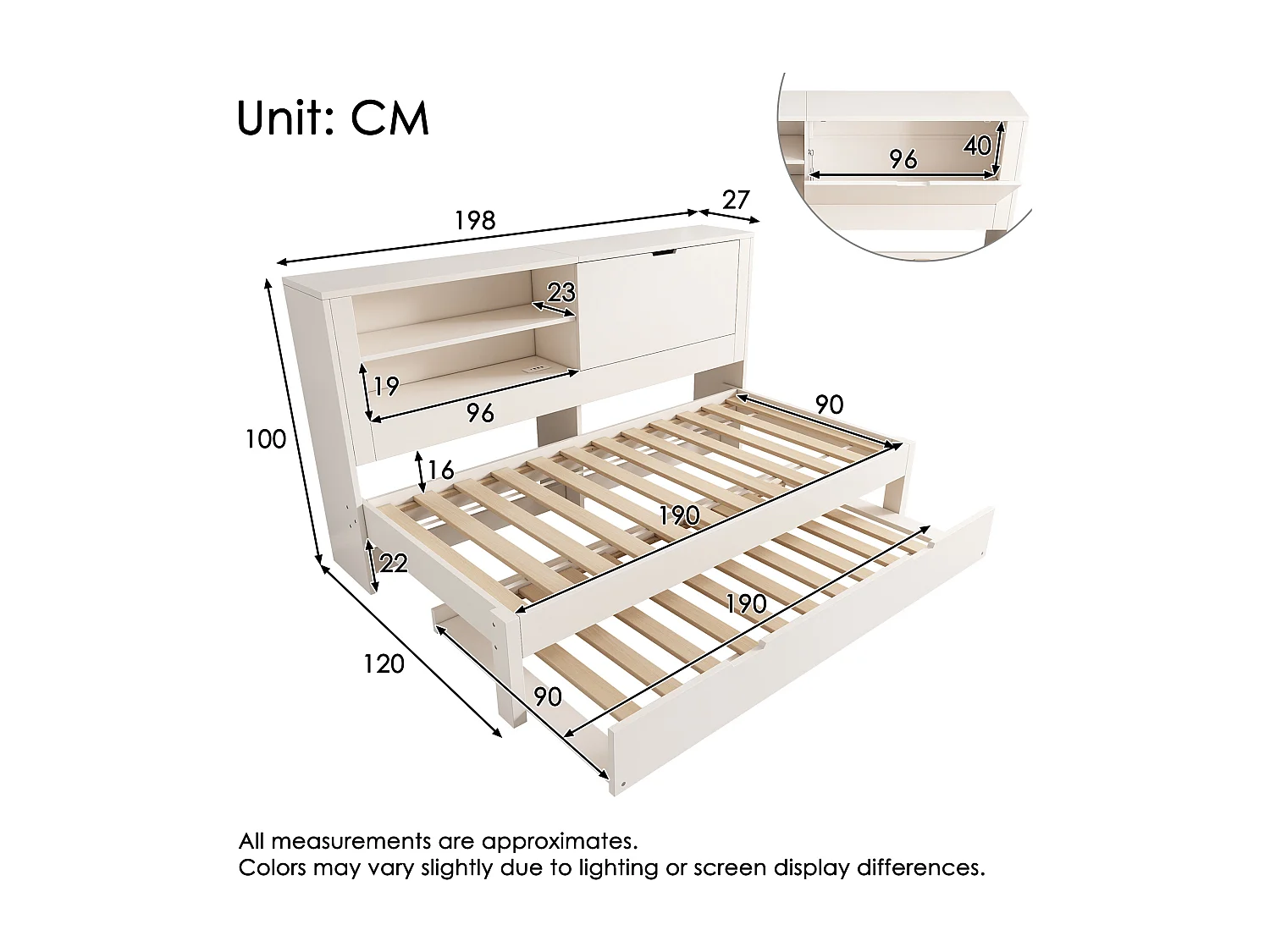 Lit banquette 90x190 cm avec lit gigogne 90x190 cm, ports USB et rangements - Blanc