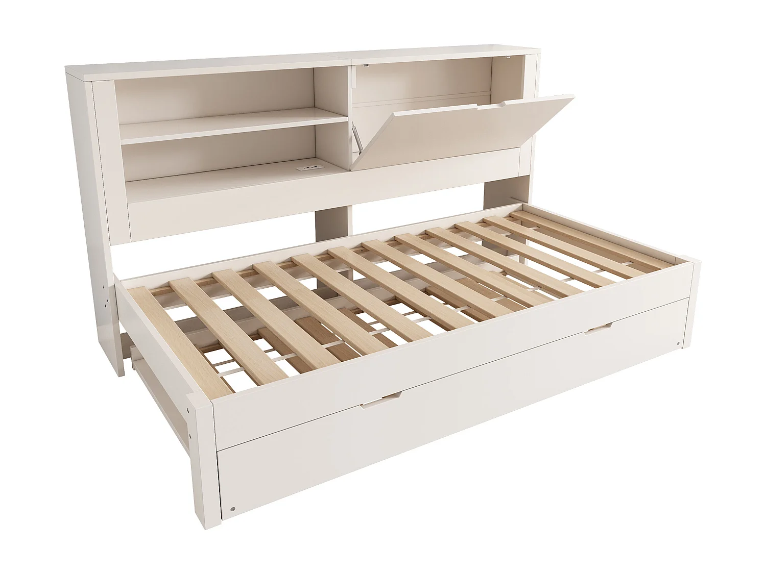 Lit banquette 90x190 cm avec lit gigogne 90x190 cm, ports USB et rangements - Blanc