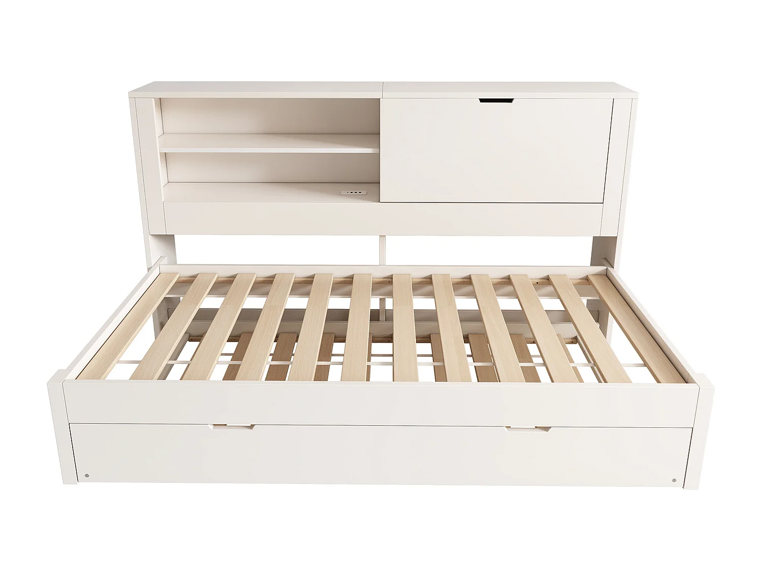 Lit banquette 90x190 cm avec lit gigogne 90x190 cm, ports USB et rangements - Blanc