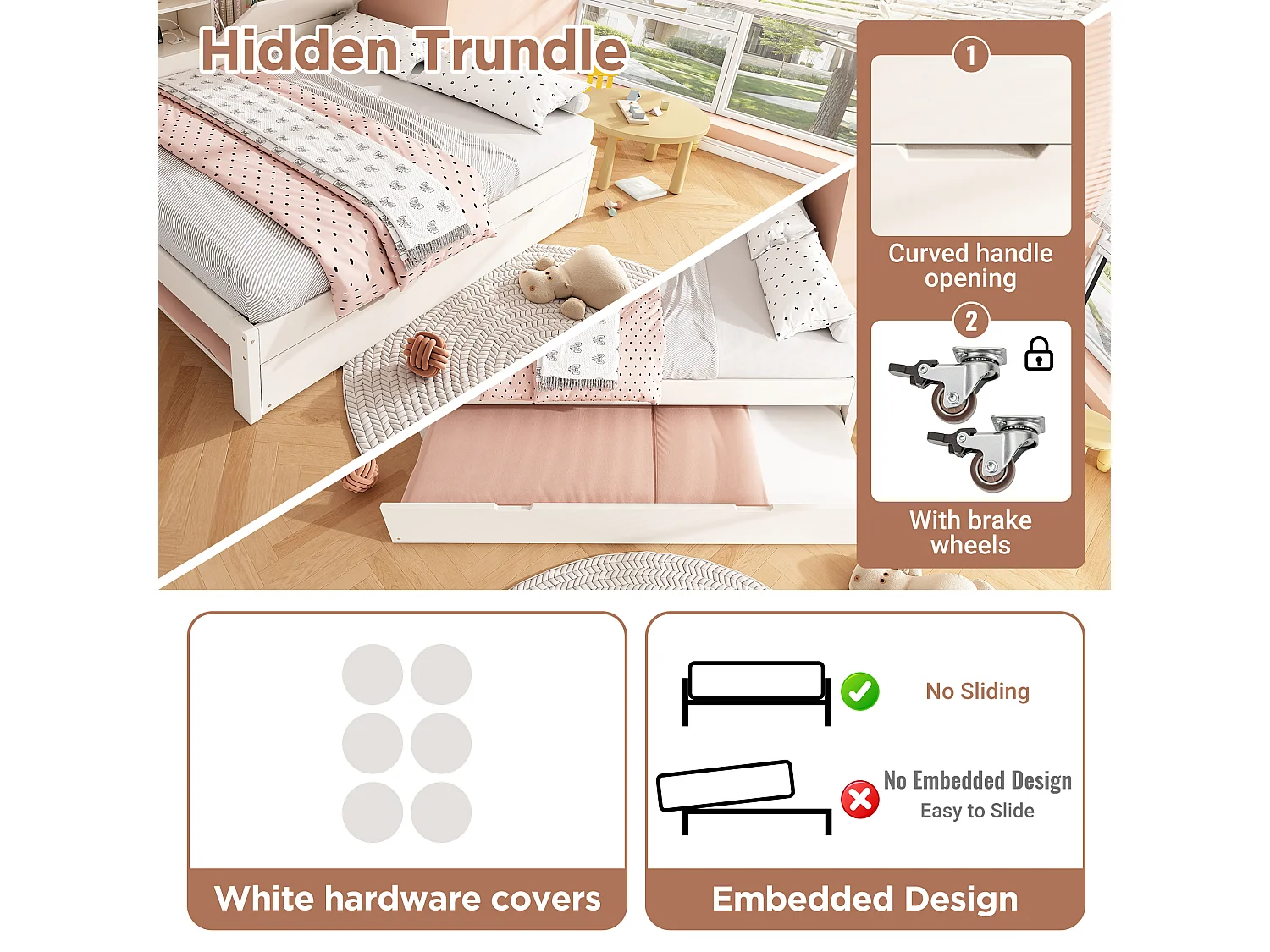 Lit banquette 90x190 cm avec lit gigogne 90x190 cm, ports USB et rangements - Blanc