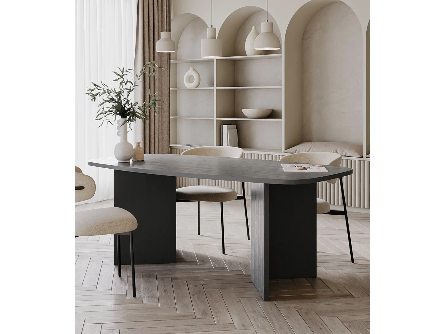 Esstisch 190 x 100 cm – Esche-Schwarzgrau-Optik – PIANO