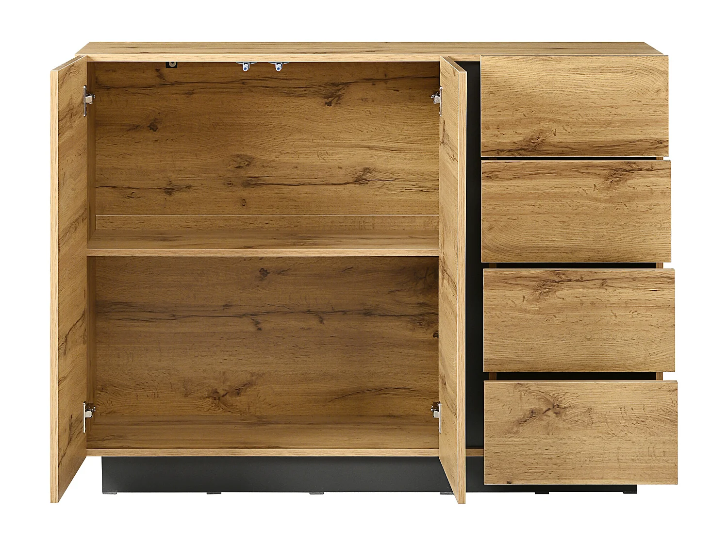 Buffet avec 4 tiroirs et 2 portes - Noirs et naturel clair - Pour salon et cuisine