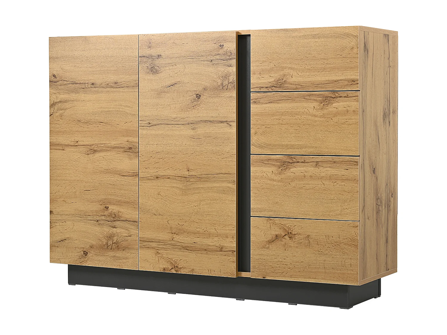 Buffet avec 4 tiroirs et 2 portes - Noirs et naturel clair - Pour salon et cuisine