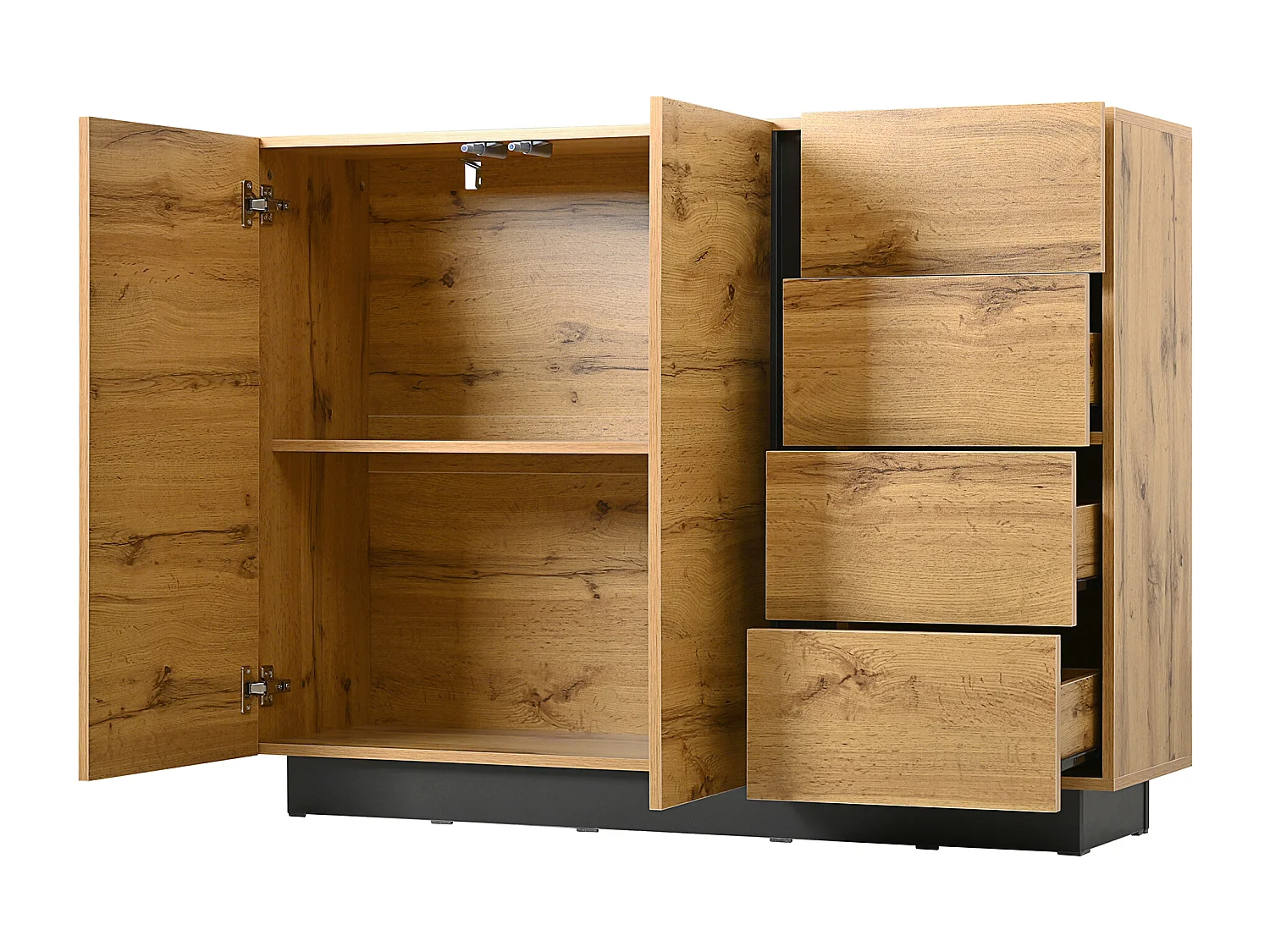 Buffet avec 4 tiroirs et 2 portes - Noirs et naturel clair - Pour salon et cuisine