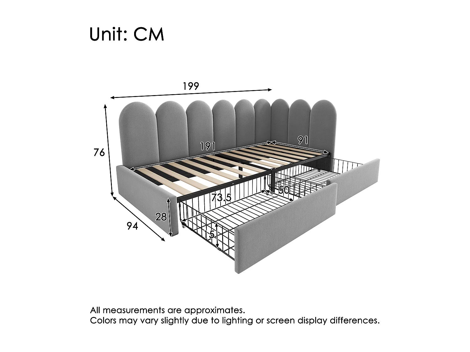 Sofá-cama infantil de 90x190 cm em veludo cinzento com 2 gavetas.