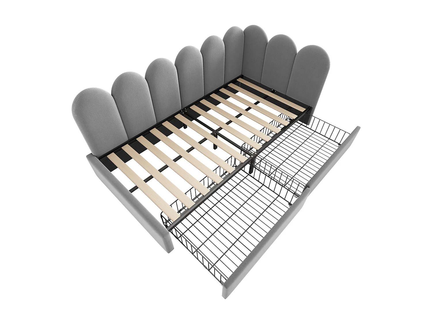 Sofá-cama infantil de 90x190 cm em veludo cinzento com 2 gavetas.