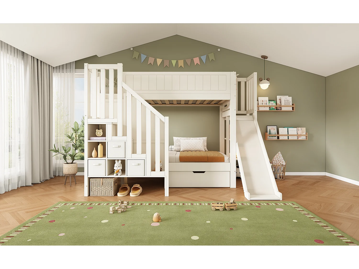 Lit superposé enfant 90x200 cm avec toboggan et rangements - Bois en pin et MDF - Blanc