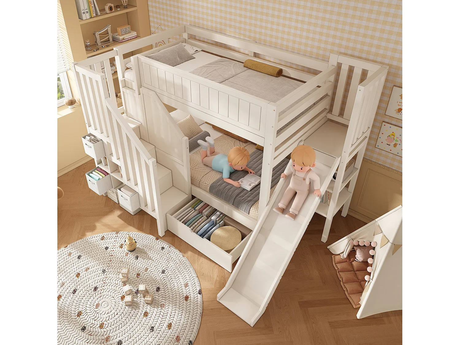 Lit superposé enfant 90x200 cm avec toboggan et rangements - Bois en pin et MDF - Blanc