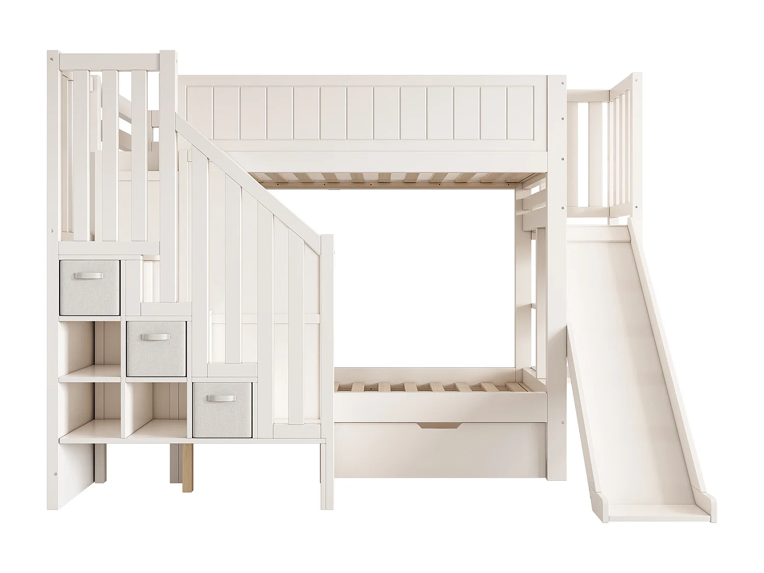 Lit superposé enfant 90x200 cm avec toboggan et rangements - Bois en pin et MDF - Blanc
