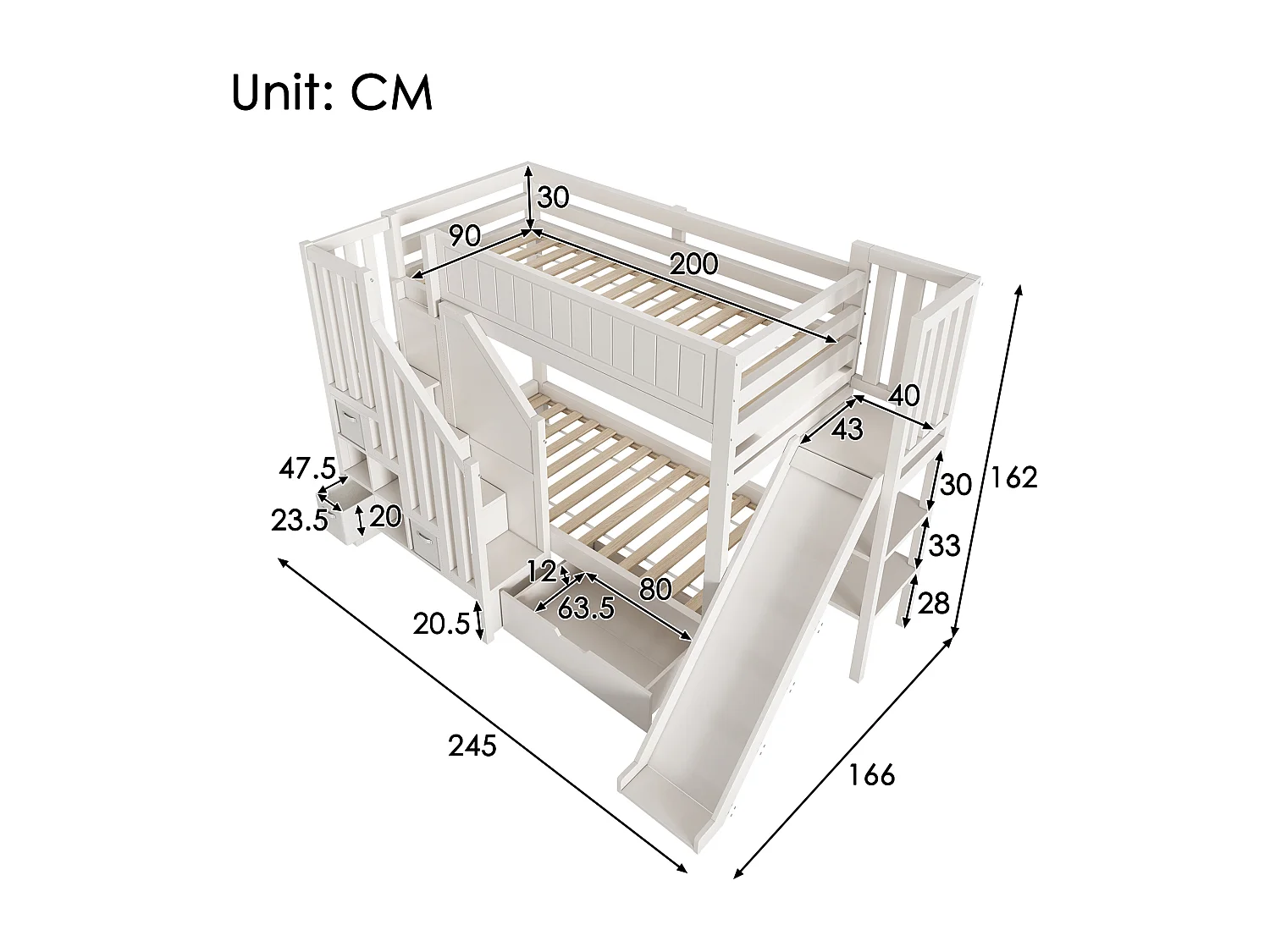 Lit superposé enfant 90x200 cm avec toboggan et rangements - Bois en pin et MDF - Blanc