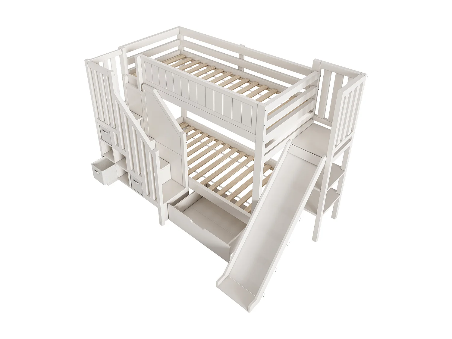 Lit superposé enfant 90x200 cm avec toboggan et rangements - Bois en pin et MDF - Blanc