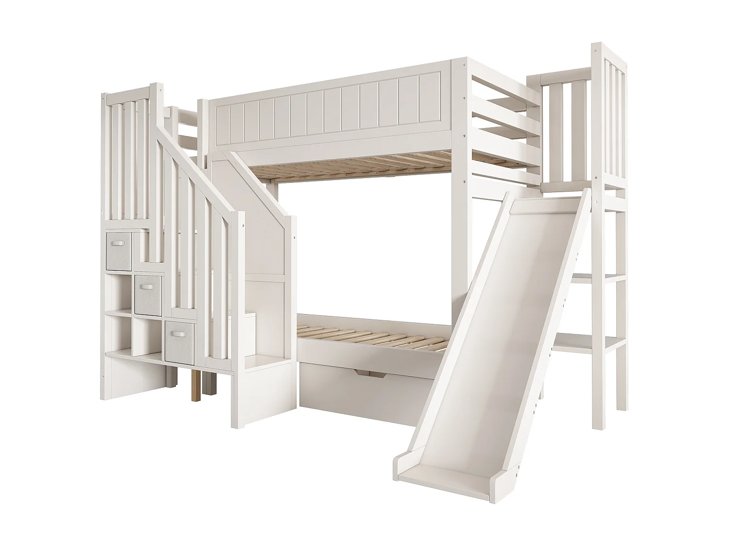 Lit superposé enfant 90x200 cm avec toboggan et rangements - Bois en pin et MDF - Blanc