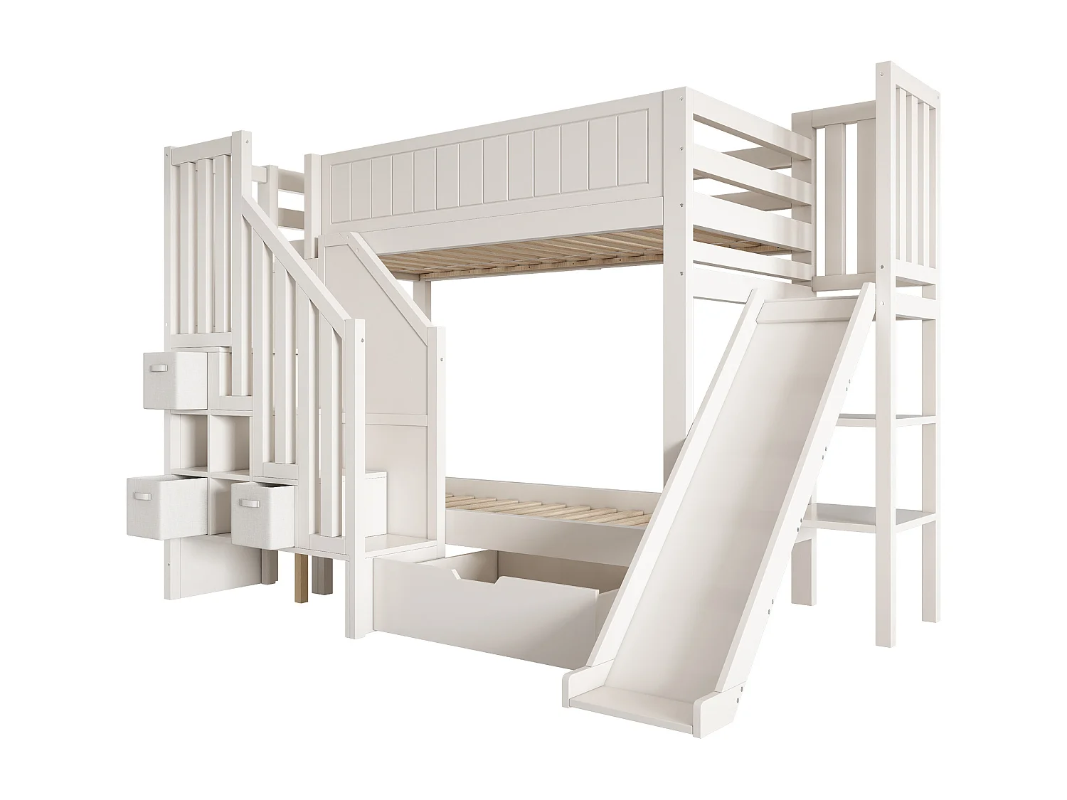 Lit superposé enfant 90x200 cm avec toboggan et rangements - Bois en pin et MDF - Blanc