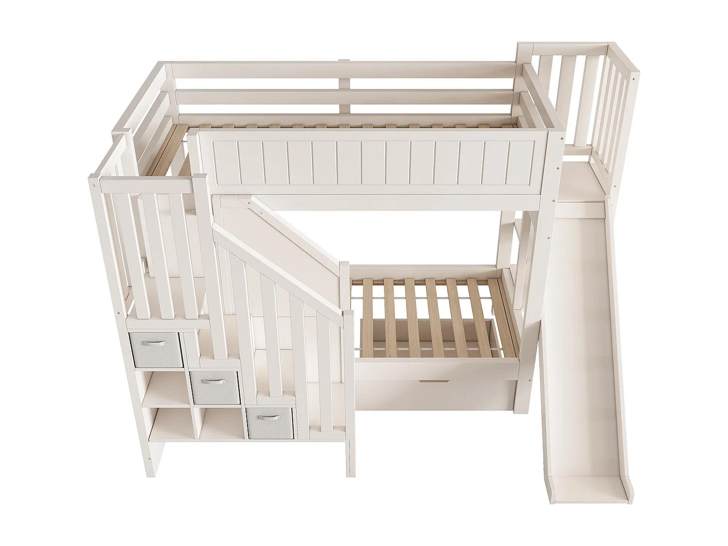 Lit superposé enfant 90x200 cm avec toboggan et rangements - Bois en pin et MDF - Blanc