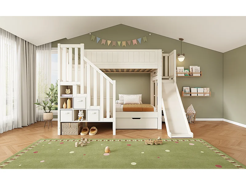 Lit superposé enfant 90x200 cm avec toboggan et rangements - Bois en pin et MDF - Blanc