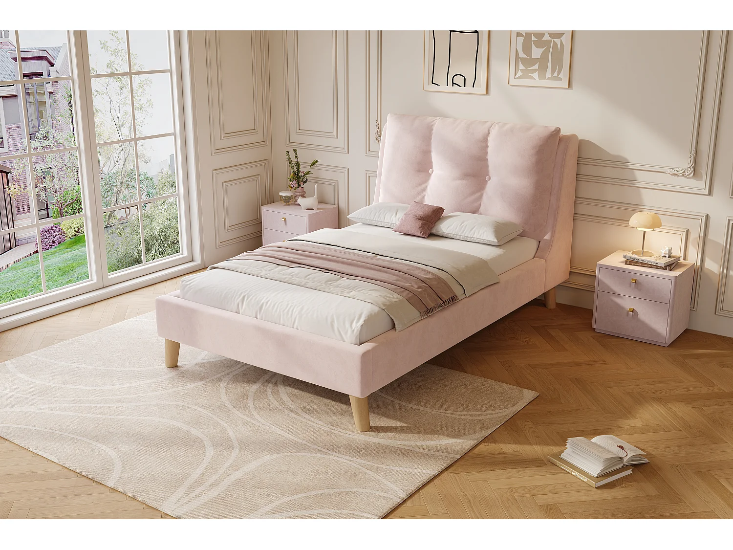 Lit enfant 90x200 cm en velours rose avec tête de lit douce - Pieds en bois