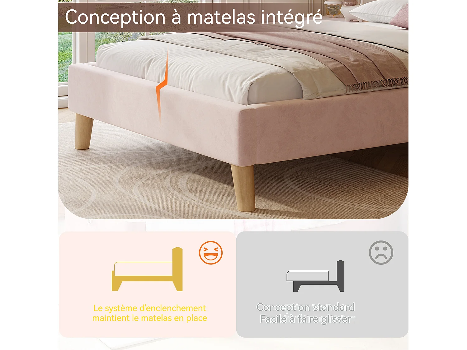 Lit enfant 90x200 cm en velours rose avec tête de lit douce - Pieds en bois