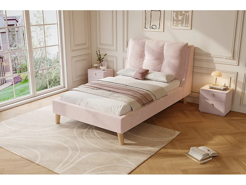 Lit enfant 90x200 cm en velours rose avec tête de lit douce - Pieds en bois