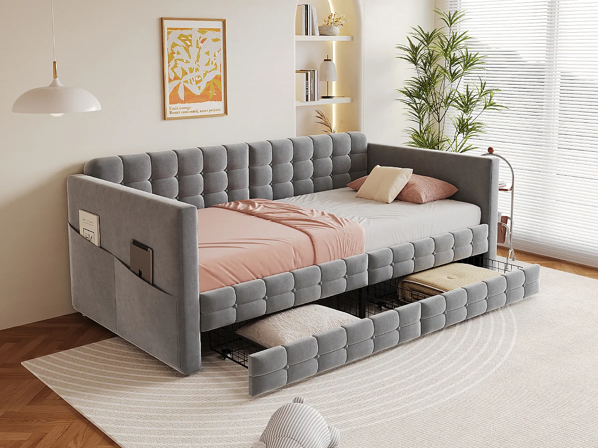 Lit enfant 90x190 cm velours gris avec 2 tiroirs et poches - Motif à carreaux