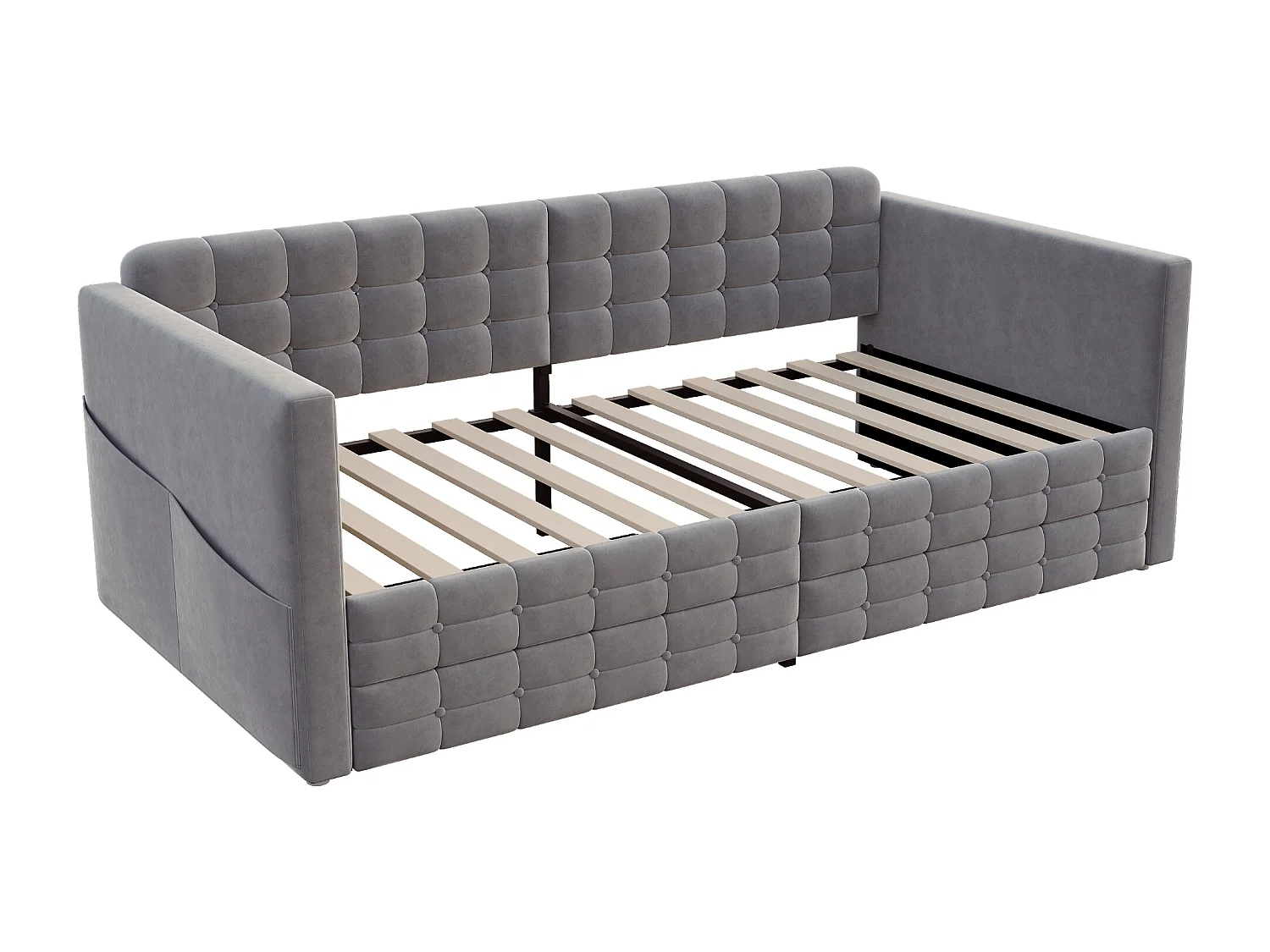 Lit enfant 90x190 cm velours gris avec 2 tiroirs et poches - Motif à carreaux