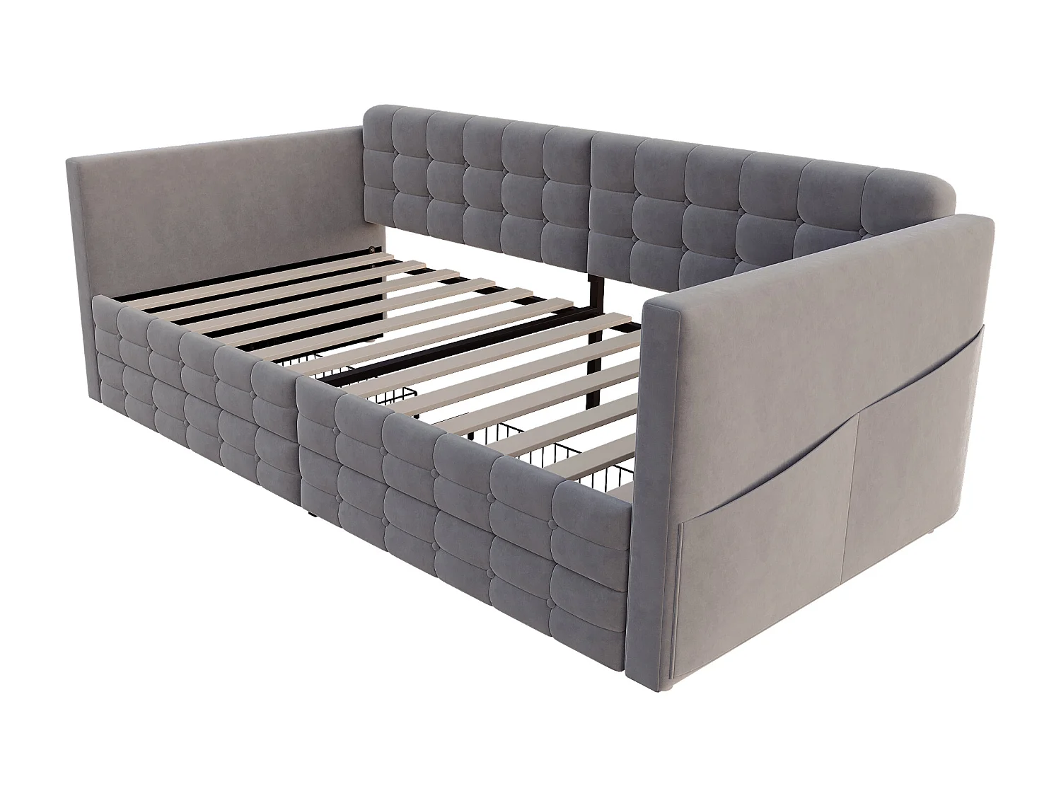 Lit enfant 90x190 cm velours gris avec 2 tiroirs et poches - Motif à carreaux