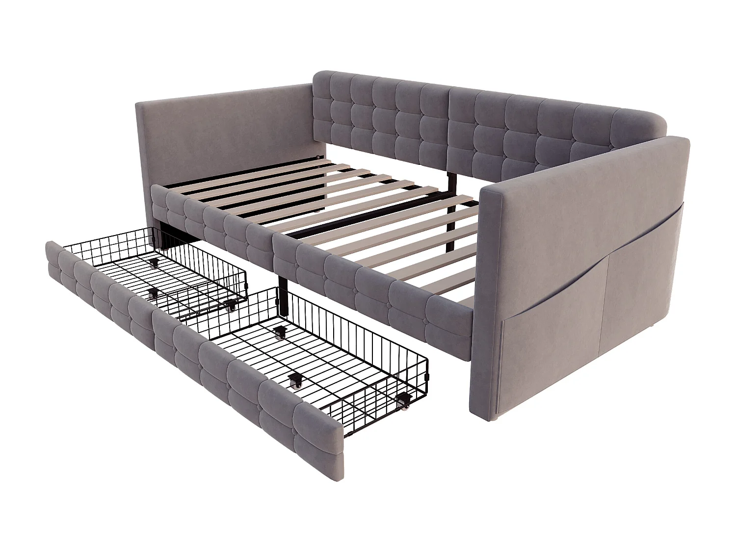 Lit enfant 90x190 cm velours gris avec 2 tiroirs et poches - Motif à carreaux