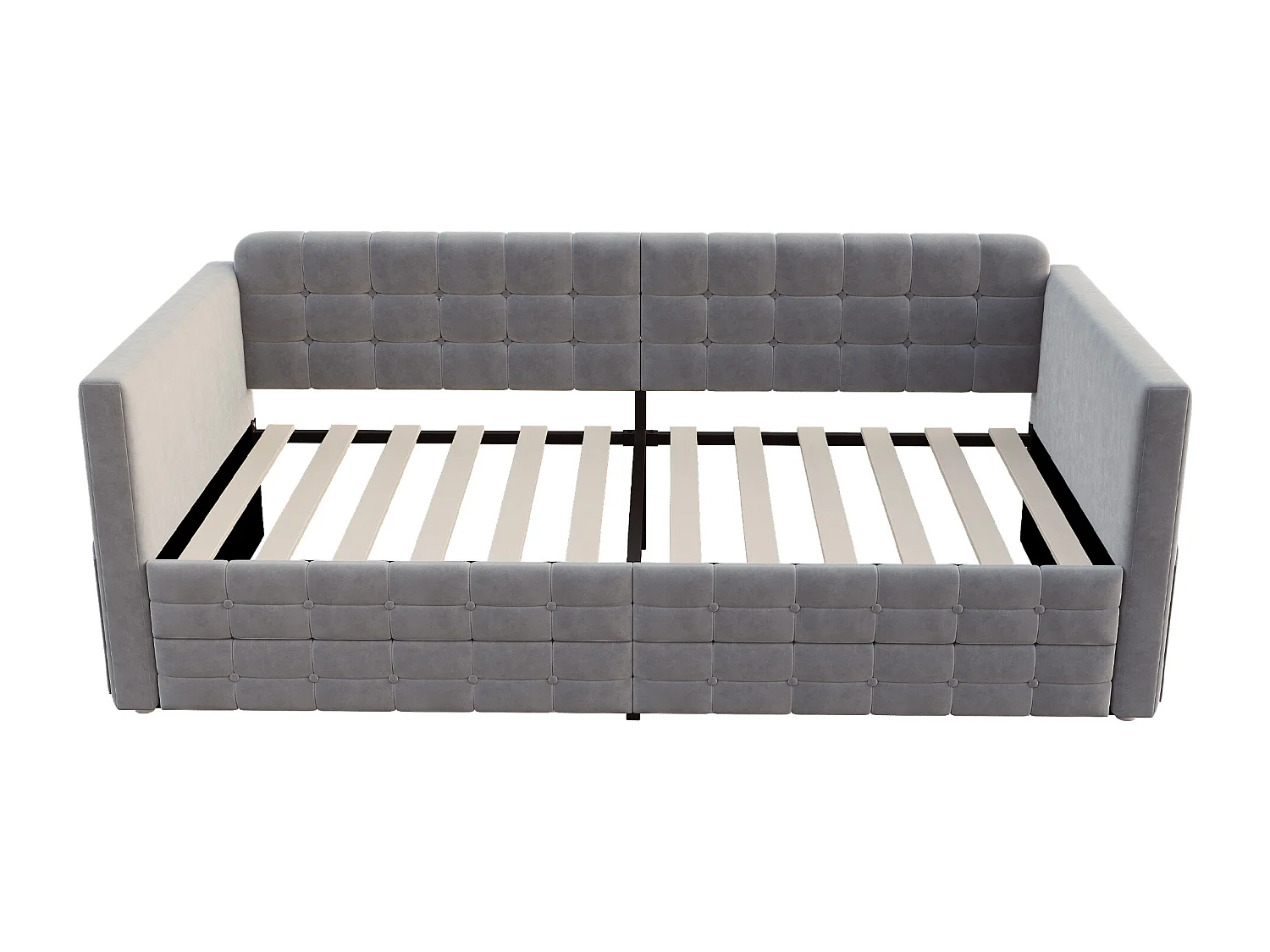 Lit enfant 90x190 cm velours gris avec 2 tiroirs et poches - Motif à carreaux