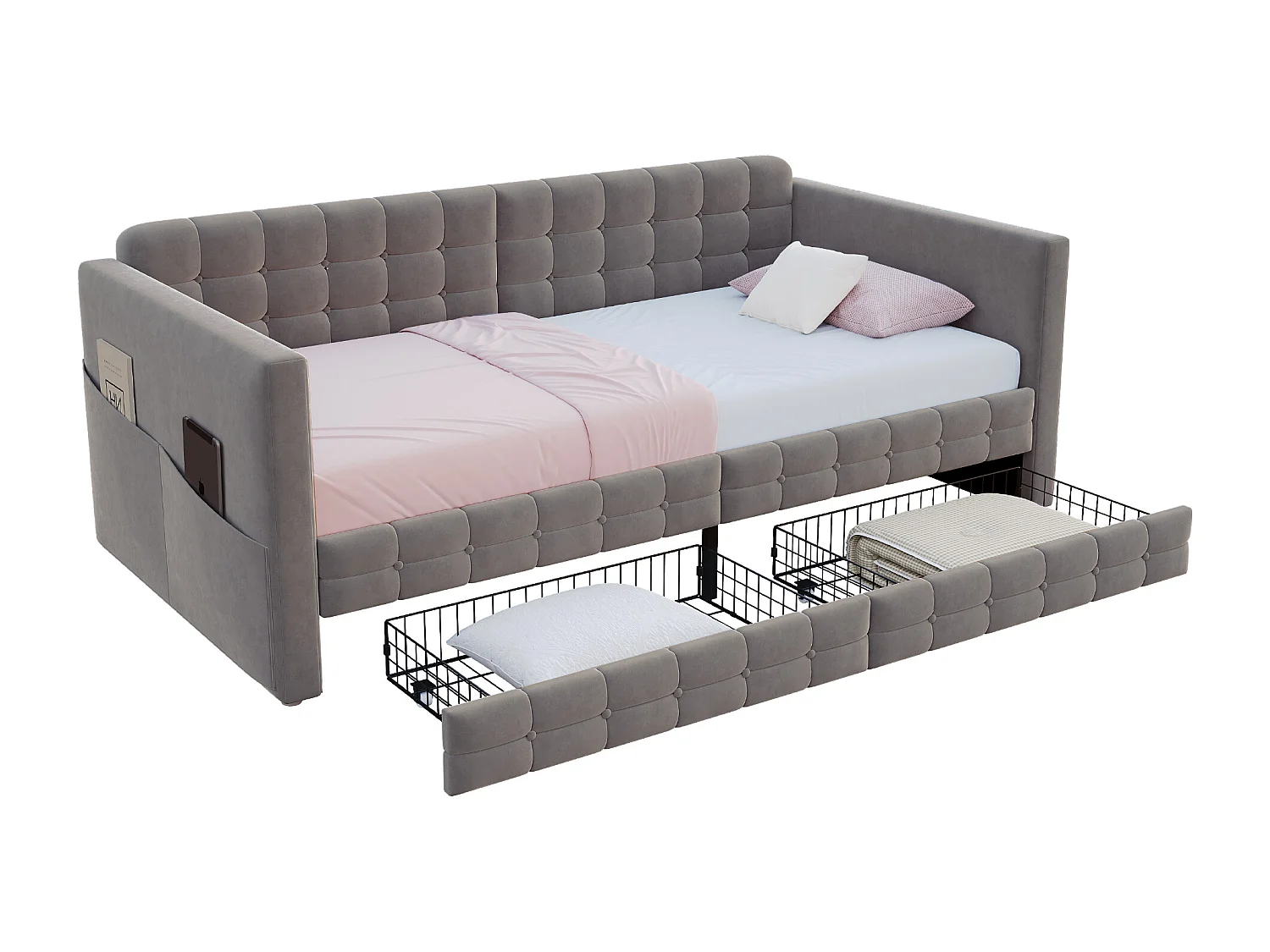 Lit enfant 90x190 cm velours gris avec 2 tiroirs et poches - Motif à carreaux