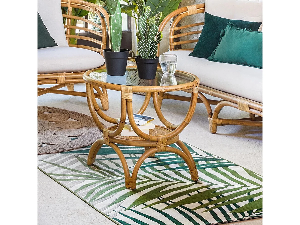 Bout de canapé en rotin et verre trempé coloris naturel - Diamètre 60 x Profondeur 50 cm