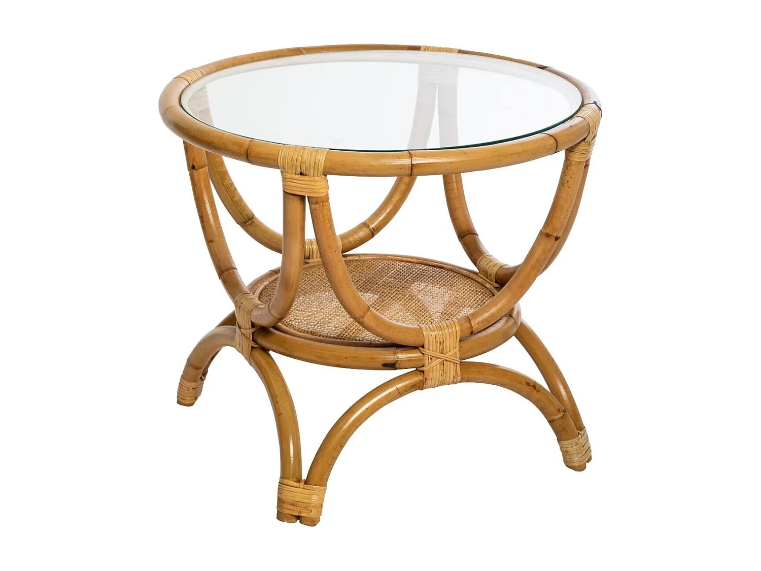 Bout de canapé en rotin et verre trempé coloris naturel - Diamètre 60 x Profondeur 50 cm