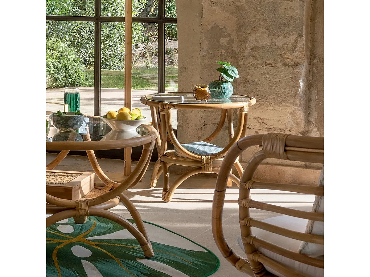 Bout de canapé en rotin et verre trempé coloris naturel - Diamètre 60 x Profondeur 50 cm