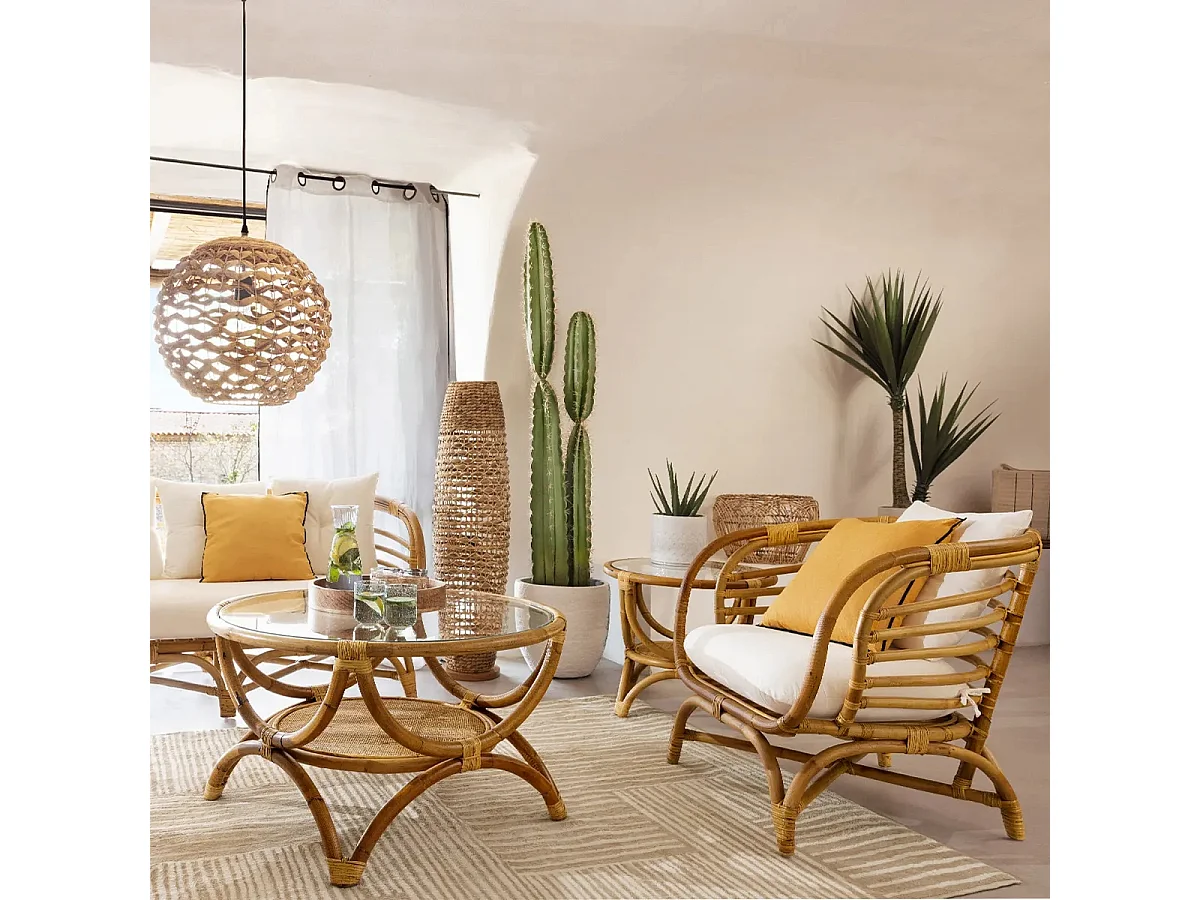 Bout de canapé en rotin et verre trempé coloris naturel - Diamètre 60 x Profondeur 50 cm