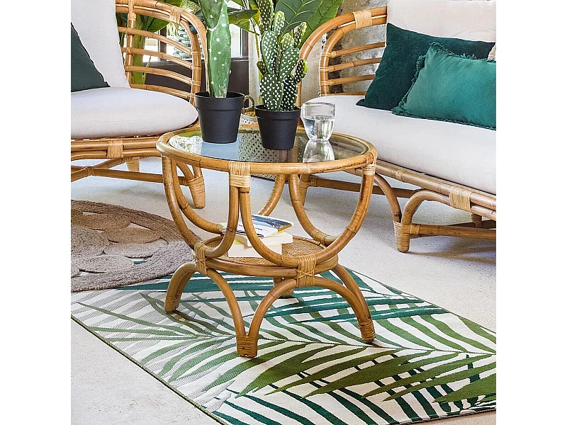 Bout de canapé en rotin et verre trempé coloris naturel - Diamètre 60 x Profondeur 50 cm