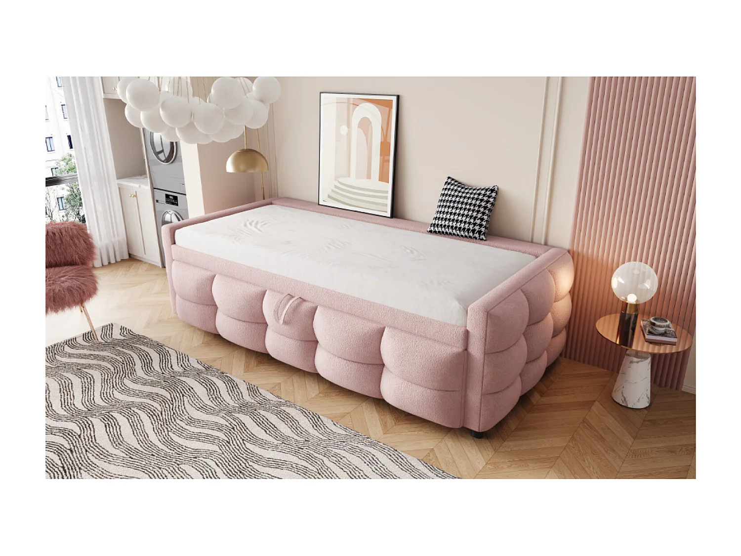 Lit enfant gigogne 90/180x190 cm extensible en tissu Teddy rose