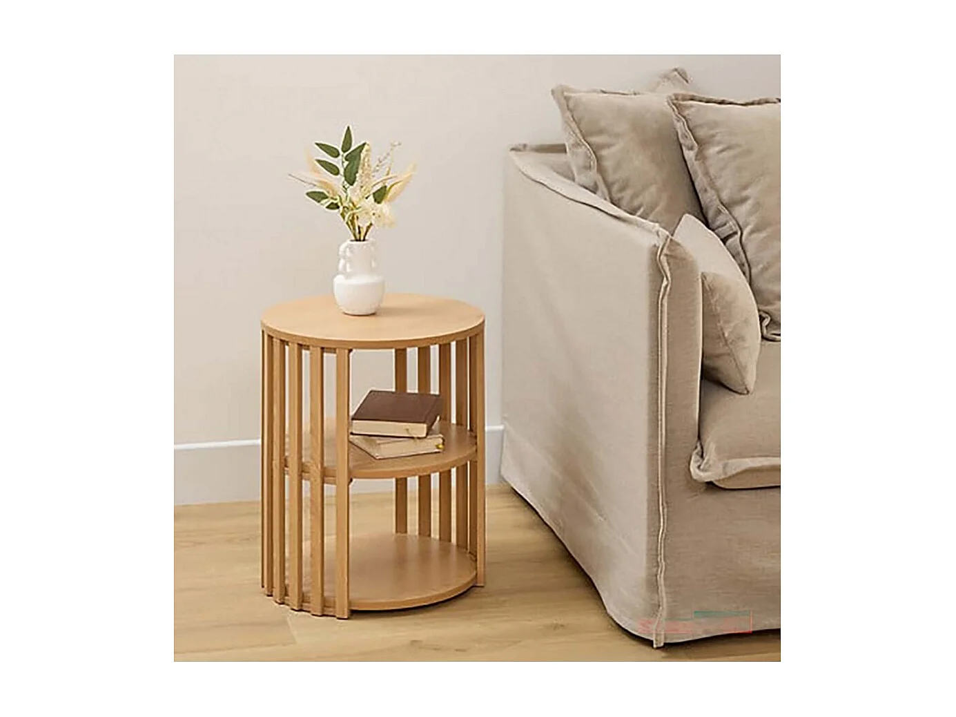 Table D'appoint ronde avec étagère, coloris beige - Longueur 40 x Profondeur 40 x Hauteur 48 cm.