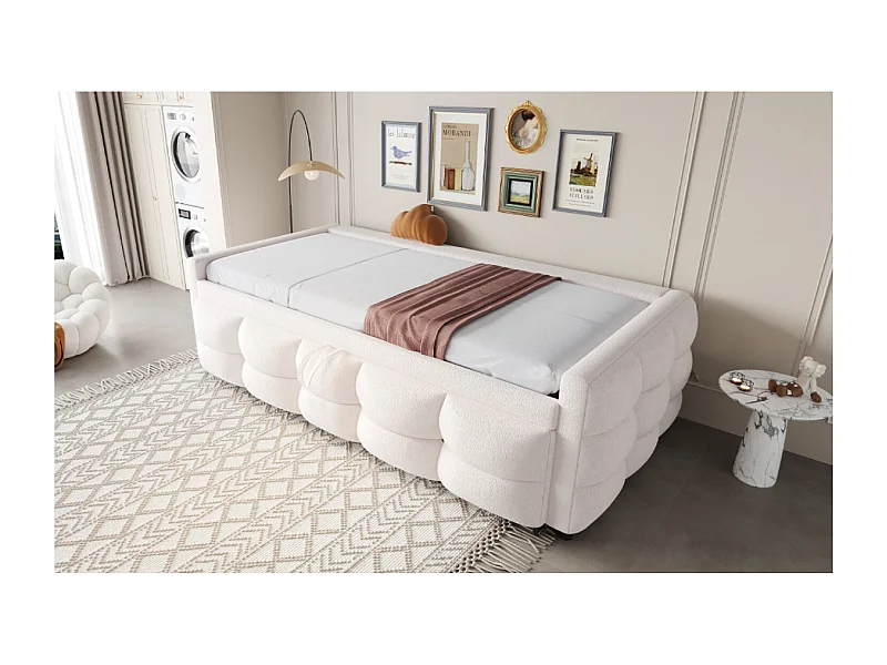 Lit enfant gigogne 90/180x190 cm extensible en tissu Teddy beige