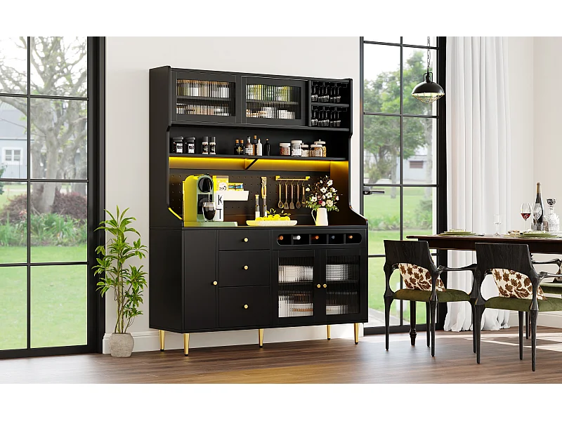 Buffet de cuisine avec LED, 4 portes , 3 tiroirs et casier à vin - Noir