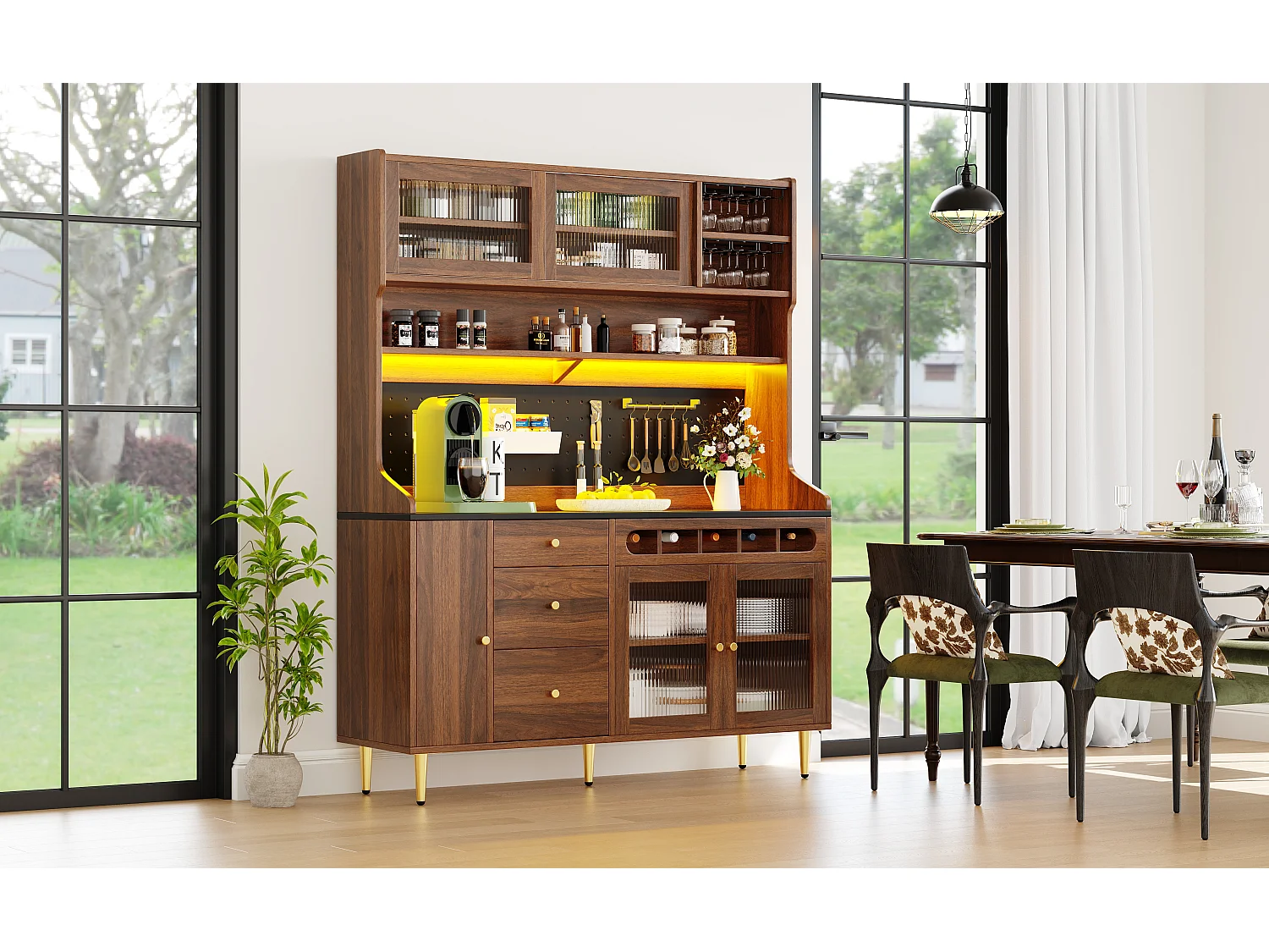 Keukendressoir met ledverlichting, 4 deuren, 3 lades en wijnrek - Walnootkleur